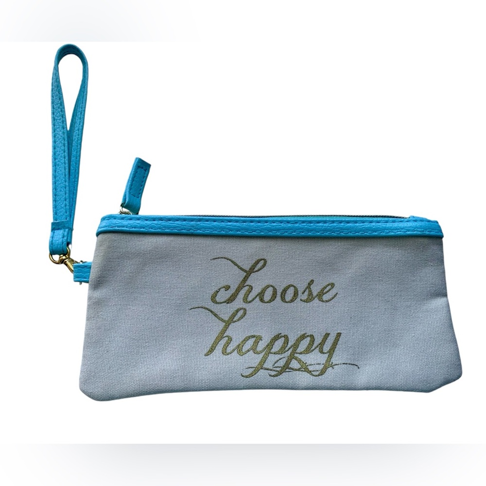 Choose Happy Cream Gold Blue Zipper Wristlet Pouch Cosmetic Bag Pencil Case